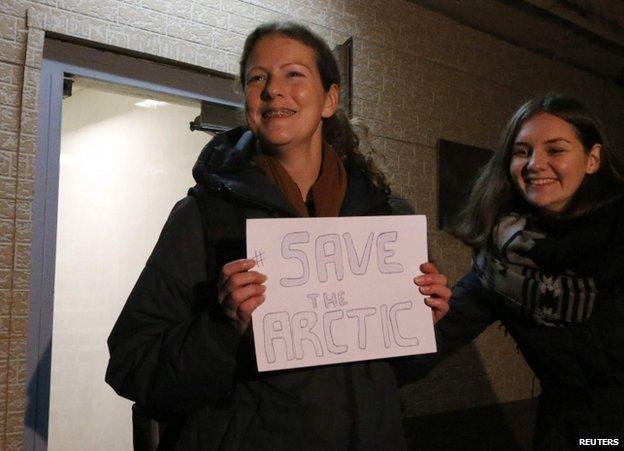 Ana Paula Maciel (left) after her release from prison in St Petersburg, 20 November