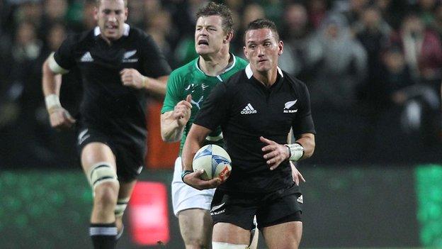 Brian O'Driscoll is unable to catch Aaron Cruden during Ireland's 60-0 humiliation by the All Blacks 17 months ago