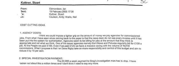 An email from Ian Edmondson to Stuart Kuttner in which Mr Edmondson says that the payments to Glenn Mulcaire 'has to stop'