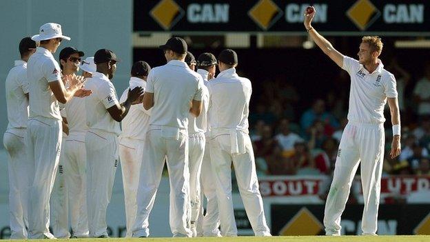 Stuart Broad celebrates his fifth wicket