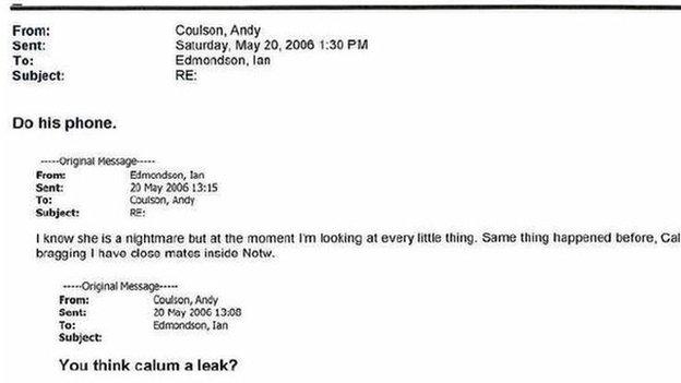 Email from Andy Coulson to Ian Edmondson in which he allegedly tells him to 'do his phone' - referring to a story about Calum Best, son of footballer George Best.