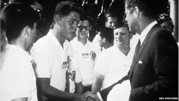 Future US President Bill Clinton shakes hands with President John F Kennedy, 1963