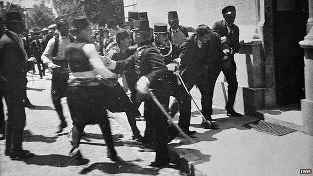 Arrest after shooting of Franz Ferdinand (traditionally thought to be assassin Gavrilo Princip but this is now disputed)