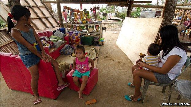 A convenience store in San Rafael, Iloilo has re-opened again despite being enormously destroyed by the storm. Many of the houses were heavily damaged because of the strong winds.