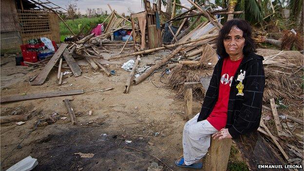 The house of Ninfa Blanca, 57-year old, was wiped out by the typhoon. The neighbours have already started rebuilding their houses. But Ninfa is unable to start rebuilding her house as she has no man to help her.