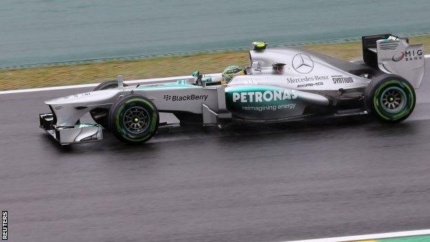 Lewis Hamilton driving in the wet during practice at the Brazilian Grand Prix