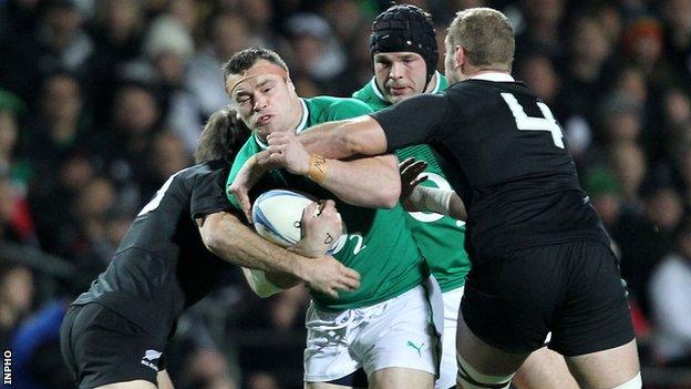 Cian Healy is tackled during the last clash between the teams in June 2012 when the All Blacks won 60-0