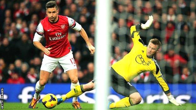 Olivier Giroud scores for Arsenal against Southampton