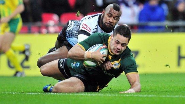 Jarryd Hayne goes in for an Australia try