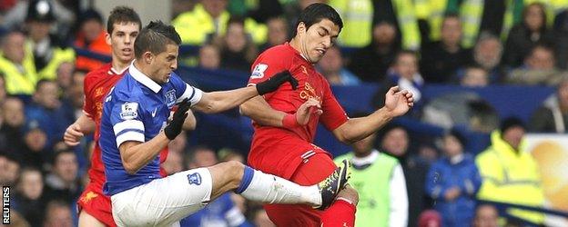 Kevin Mirallas challenges Luis Suarez