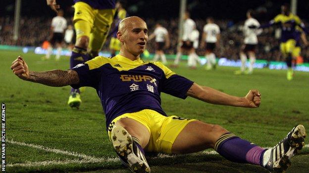 Jonjo Shelvey celebrates Swansea's win at Fulham