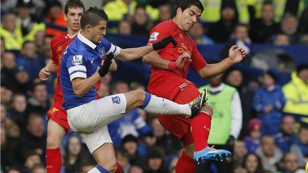 Liverpool's Luis Suarez is fouled by Everton's Kevin Mirallas