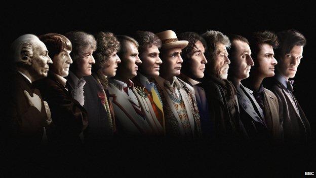 A composite image showing all 13 actors to have played the Doctor