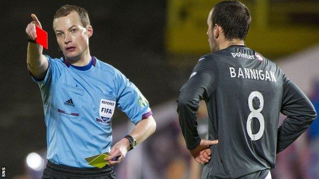 Referee Willie Collum shows a red card to Partick Thistle's Stuart Bannigan