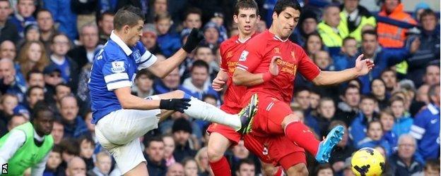 Kevin Mirallas tackles Luis Suarez