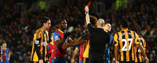 Crystal Palace winger Yannick Bolasie after being sent off at Hull