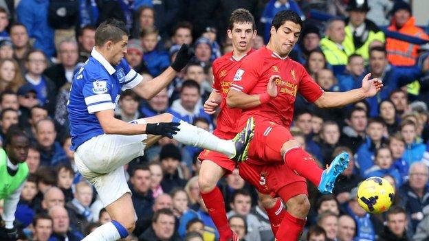 Kevin Mirallas tackles Luis Suarez