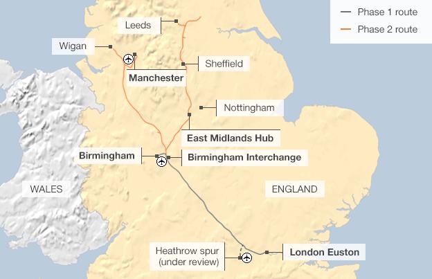 Map showing the route of phases 1 & 2 of the proposed HS2 rail service