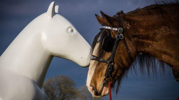 Horse sculpture and Clydesdale horse