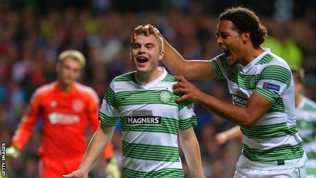 Celtic's James Forrest and Virgil van Dijk in the Champions League