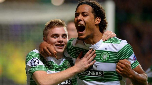 Celtic's James Forrest and Virgil van Dijk in the Champions League