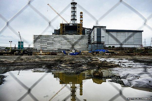 The old sarcophagus that covers the nuclear reactor at Chernobyl