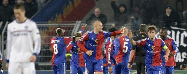 Basel players celebrate the goal from Mohamed Salah against Chelsea