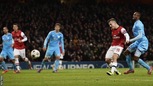 Arsenal midfielder Jack Wilshere scores against Marseille