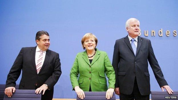 Germany's coalition leaders Sigmar Gabriel, Angela Merkel and Horst Seehofer