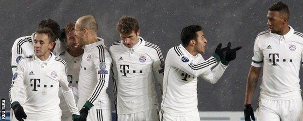 Bayern Munich's players celebrate a goal scored by Mario Gotze during their Champions League soccer match against CSKA Moscow