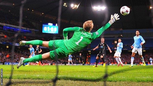 Joe Hart is beaten playing against Viktoria Plzen