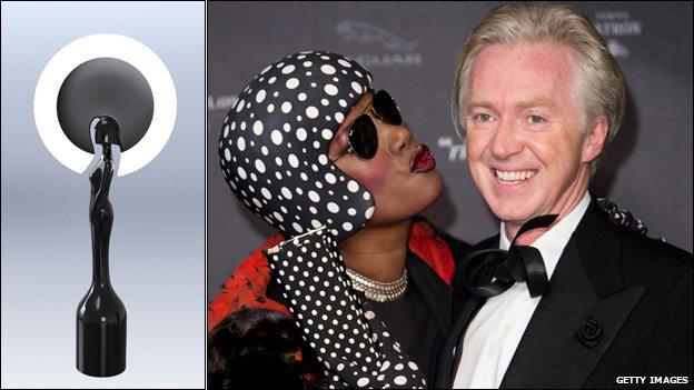 Philip Treacy's Brit Awards statue, and the designer with Grace Jones