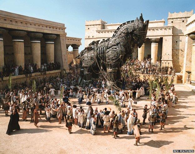 Scene from 2004 film "Troy" showing Trojan horse