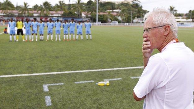 Dutch coach Foppe de Haan with the Tuvalu national team in 2011.