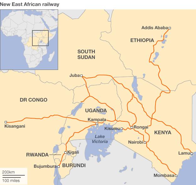 Map showing the route of the new East African railway