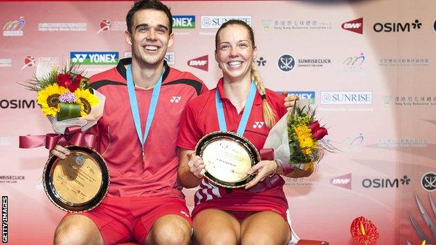 Chris Adcock and Gabby White celebrate their Kong Kong Open win