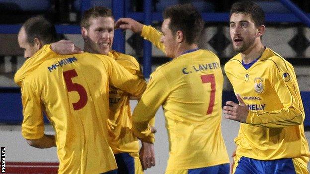 Darren Boyce is congratulated after putting Dungannon ahead against Glenavon last Friday