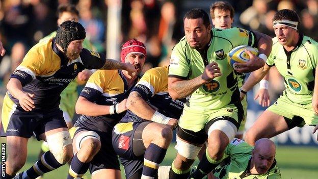 Northampton Saints' Samu Manoa bursts through against Worcester Warriors