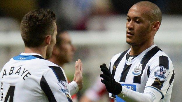 Yoan Gouffran celebrates his goal for Newcastle with team mate Yohan Cabaye