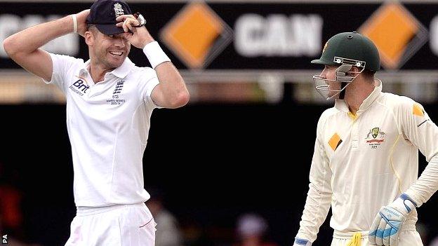 England bowler James Anderson has a discussion with Australia captain Michael Clarke