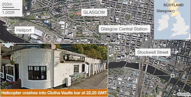 Satellite images showing the location of the helicopter crash in Glasgow