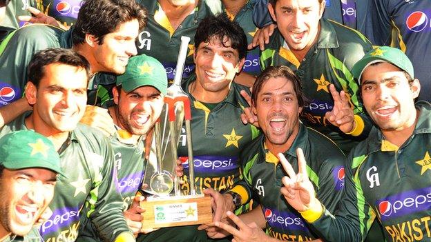 Pakistan celebrate with the one-day series trophy