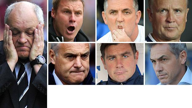 From left to right clockwise: Martin Jol, David Flitcroft, Owen Coyle, Sean O'Driscoll, Guy Whittingham, Richie Barker and Dave Jones