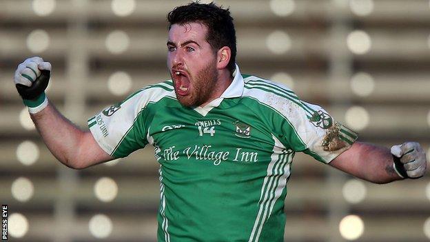 Seamus Quigley celebrates his injury-time penalty in Roslea's Ulster Club win over Ballinagh last month