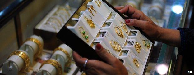 Gold jewellery on display