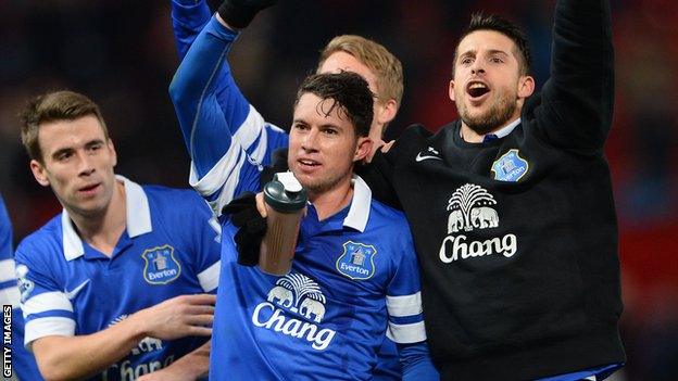 Bryan Oviedo celebrates after scoring Everton's winner at Manchester United