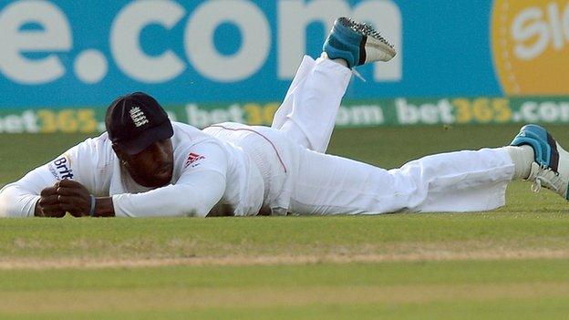 Michael Carberry on the ground after his dropped catch