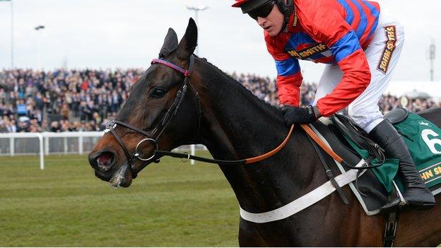 Barry Geraghty riding Sprinter Sacre jumps the last fence on his way to winning the third race of the day of The Melling Steeple Chase at Aintree in April 2013