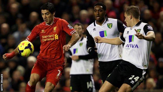 Luis Suarez of Liverpool eludes a host of Norwich City players