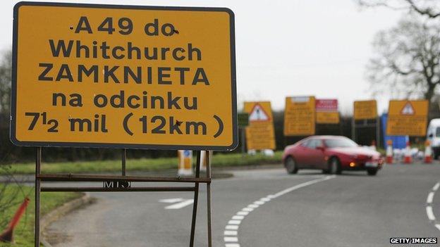 English roadsign in Polish, on road in Cheshire - file pic